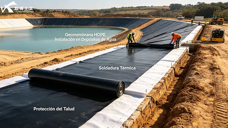 Geomembrane installation scene in a water tank