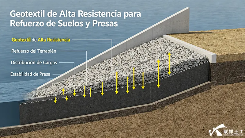 Geotextil de alta resistencia en refuerzo de suelos y presas, mostrando sección de terraplén, distribución de cargas y estabilidad estructural