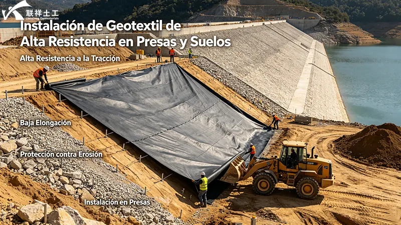 Instalación de geotextil de alta resistencia en obras de presas y estabilización de suelos, con maquinaria y trabajadores en obra