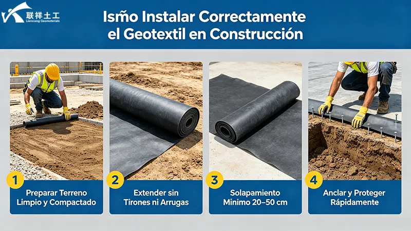 Pasos para instalar geotextil correctamente: preparación del terreno, extensión, solapamiento y anclaje en proyectos de construcción