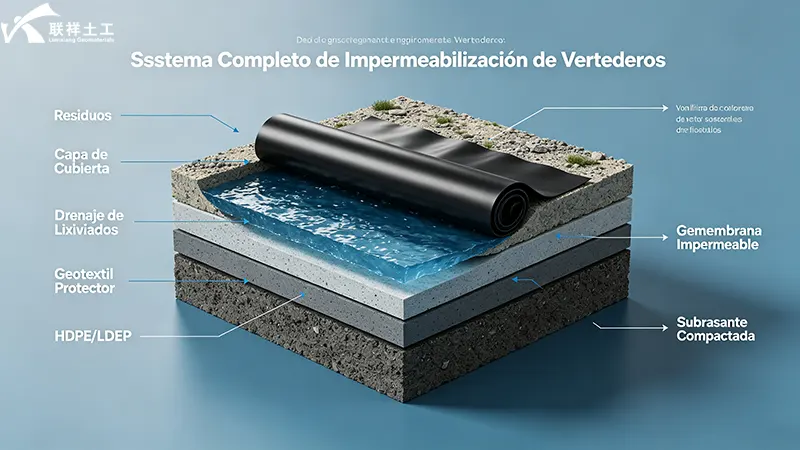 Estructura por capas de impermeabilización de vertedero con geomembrana y geotextil Estructura por capas de impermeabilización de vertedero con geomembrana y geotextil