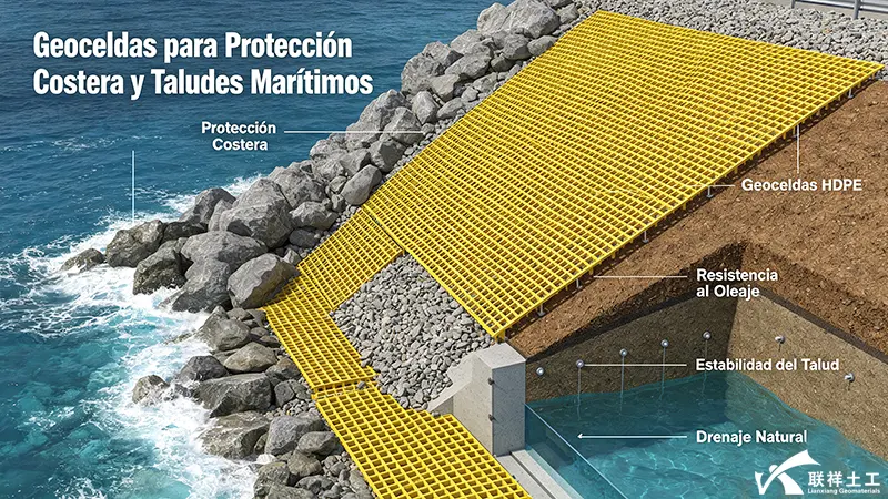 Sistema de geoceldas HDPE para protección costera, resistencia a olas y estabilización de taludes marítimos