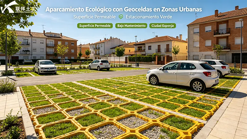 Aparcamiento ecológico urbano con geoceldas verdes, superficie permeable, vehículos ligeros y entorno residencial sostenible