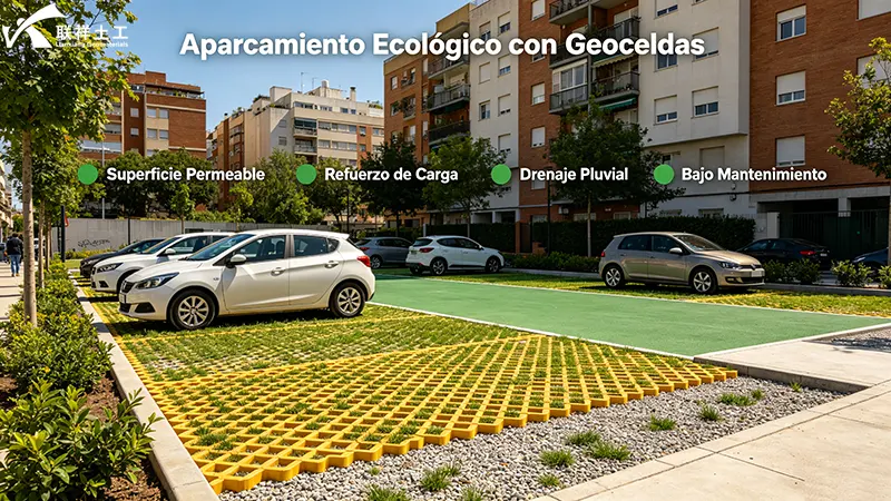 Aparcamiento ecológico permeable con geoceldas rellenadas de césped y grava en proyecto urbano