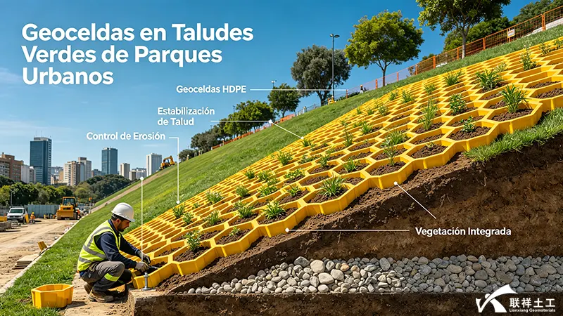 Geoceldas HDPE en talud verde de parque urbano, sistema de estabilización y control de erosión para paisajismo