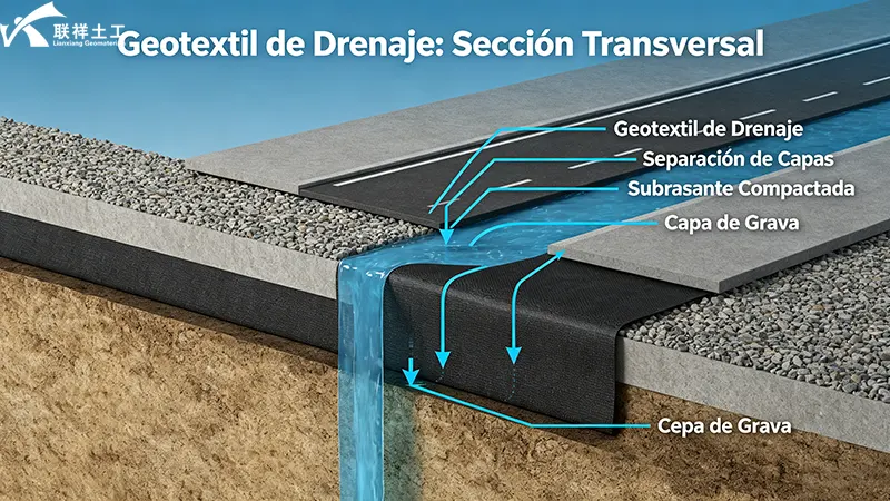 Esquema en sección transversal de geotextil de drenaje instalado bajo pavimento, mostrando el flujo de agua a través del material