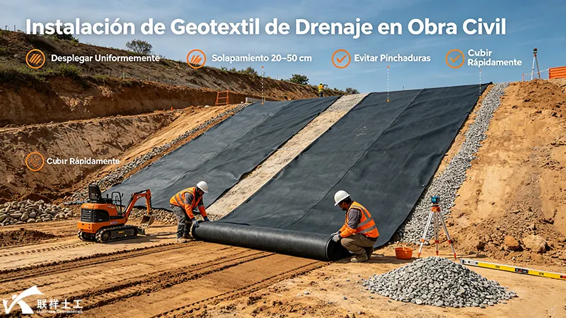 Trabajador desplegando rollo de geotextil de drenaje en obra de estabilización de talud, preparación de subrasante