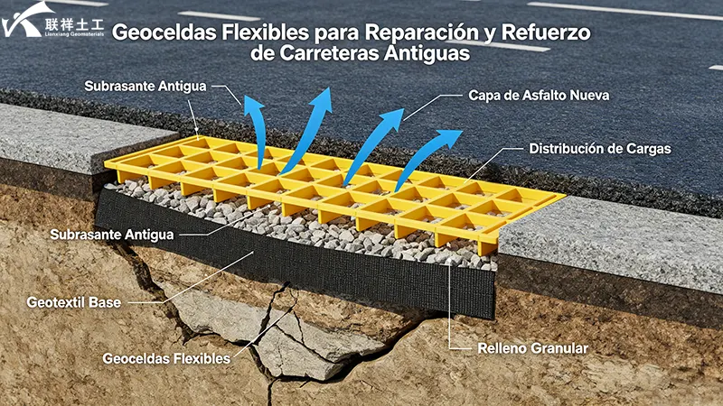 Esquema de sección transversal: geoceldas flexibles instaladas para refuerzo de carretera antigua, mostrando subrasante degradada, geotextil base, geocelda y capa de asfalto nueva