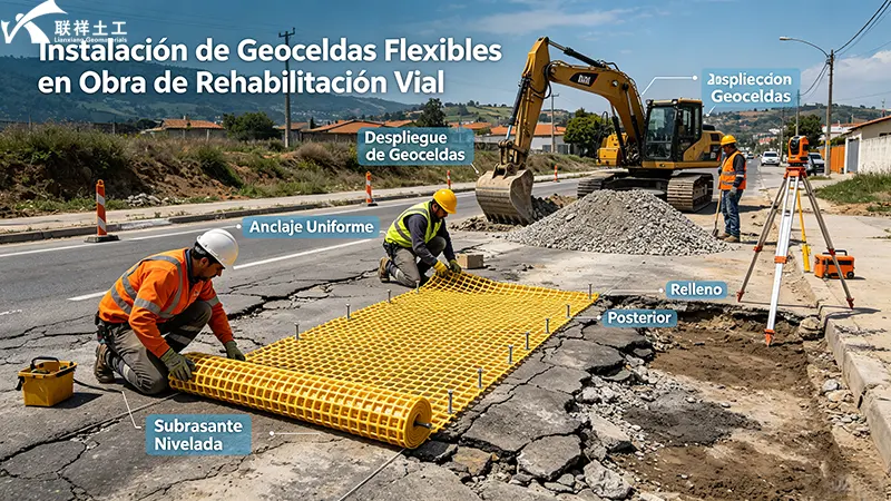 Obra de rehabilitación vial: despliegue y anclaje de geoceldas flexibles sobre una carretera antigua antes del relleno granular