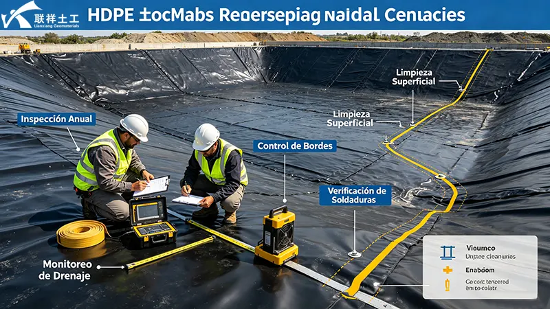 Inspección anual de geomembrana HDPE en proyecto a largo plazo: control de bordes, soldaduras, drenaje y limpieza superficial