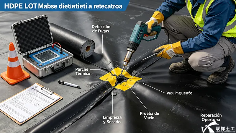 Detección de fugas y reparación de geomembrana HDPE mediante parche térmico, limpieza de zona y prueba de vacío