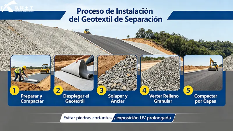 Proceso de instalación profesional de geotextil de separación en terraplén vial Proceso de instalación profesional de geotextil de separación en terraplén vial