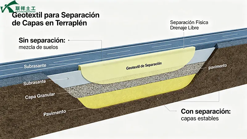 Esquema estructural de geotextil de separación en terraplén vial, separación entre subrasante y capa granular Esquema estructural de geotextil de separación en terraplén vial, separación entre subrasante y capa granular