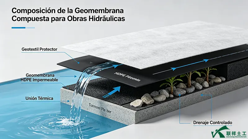 Composición de la geomembrana compuesta: geotextil protector, núcleo de geomembrana HDPE impermeable y unión térmica para obras hidráulicas