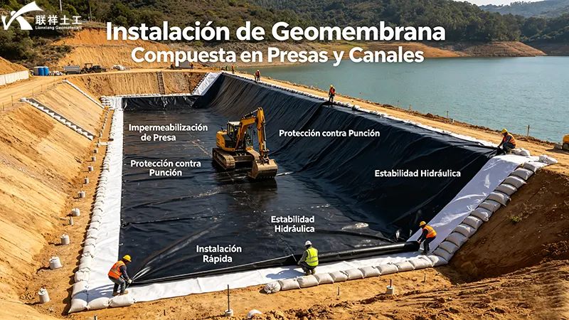 Instalación de geomembrana compuesta en presa o canal, con protección anti-punción y estabilidad hidráulica