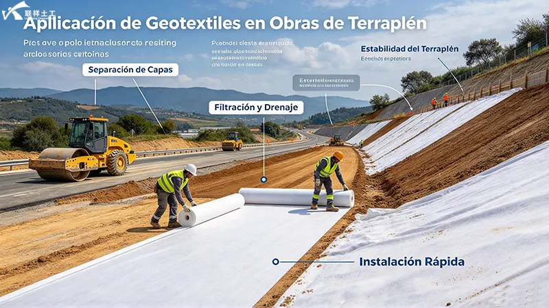 Instalación geotextil Lianxiang en obra de terraplén