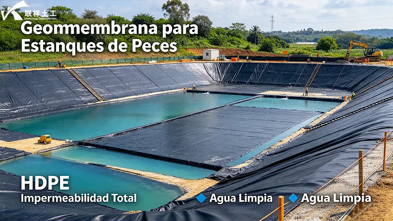 Vista general de estanque de peces con geomembrana HDPE instalada