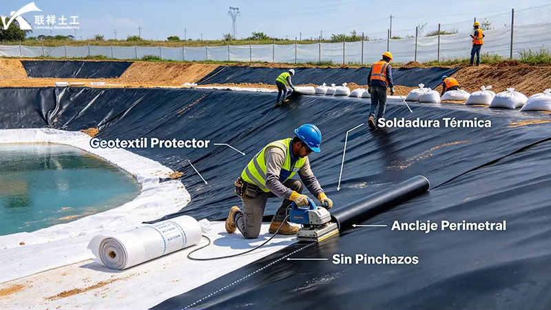Instalación de geomembrana y geotextil protector en estanque