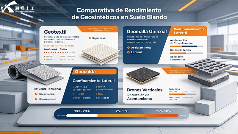 Infográfico comparativo de rendimiento de geotextil, geomalla y geocelda en terreno blando con tabla de datos