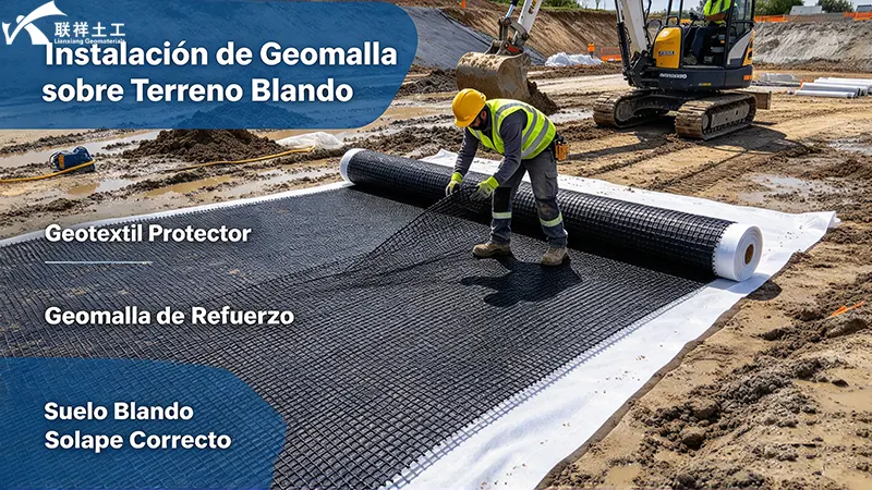 Trabajadores instalando geomalla sobre terreno blando, capa inferior de geotextil no tejido en obra de terraplén