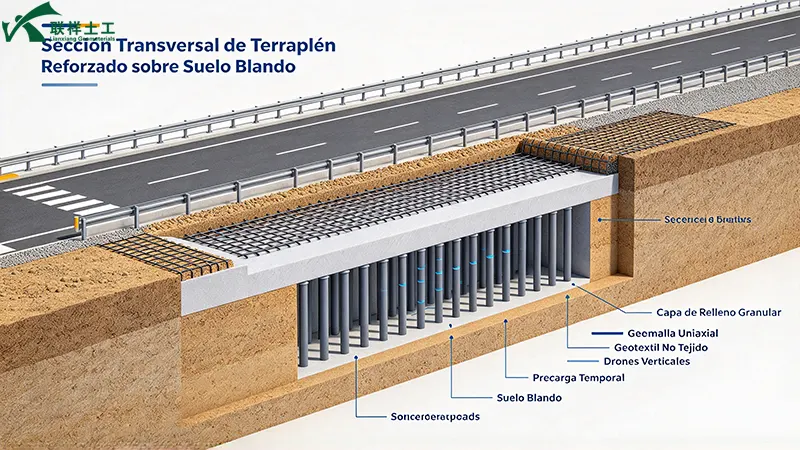 Sección transversal de terraplén reforzado con geosintéticos sobre suelo blando, geotextil, geomalla y geodrenes verticales
