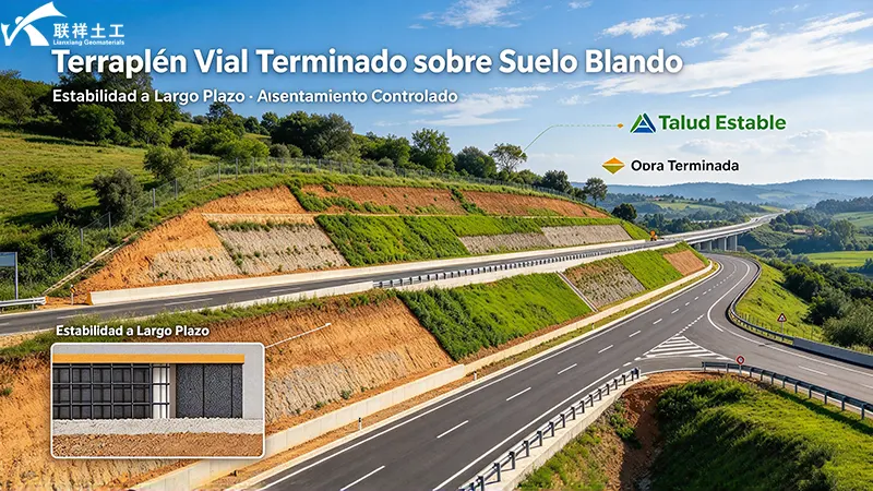 Terraplén vial terminado reforzado con materiales geotécnicos sobre zona de terreno blando, talud estable